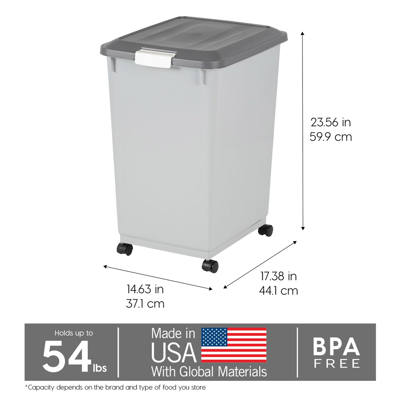 IRIS USA Dog Food Storage Container with Wheels, 2-Cup Scoop, Gray/Dark Gray